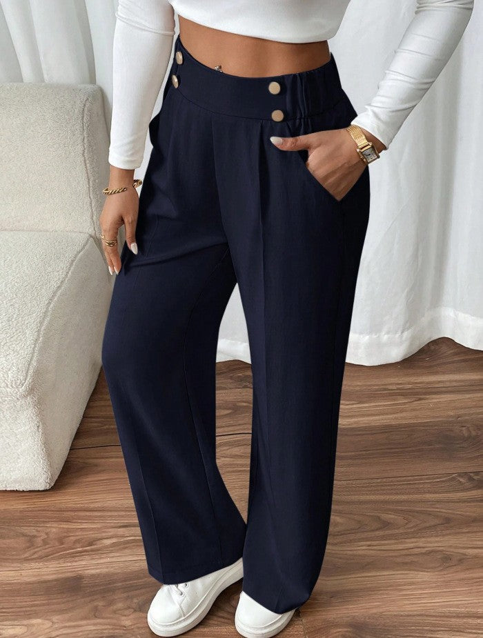 Women's Wide-Leg Trousers with Gold-Tone Button Waistband
