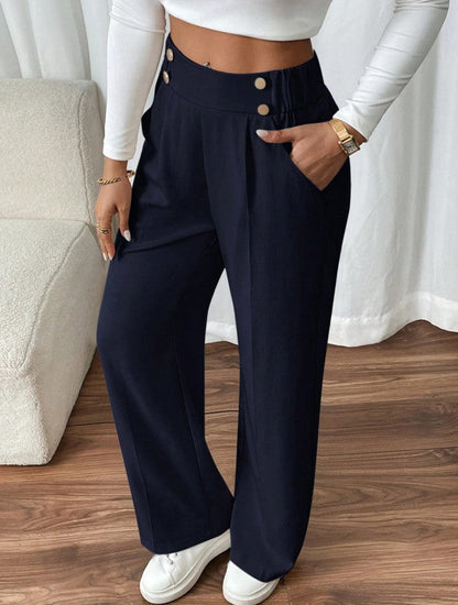 Women's Wide-Leg Trousers with Gold-Tone Button Waistband