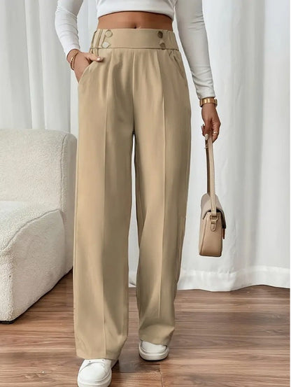 Women's Wide-Leg Trousers with Gold-Tone Button Waistband