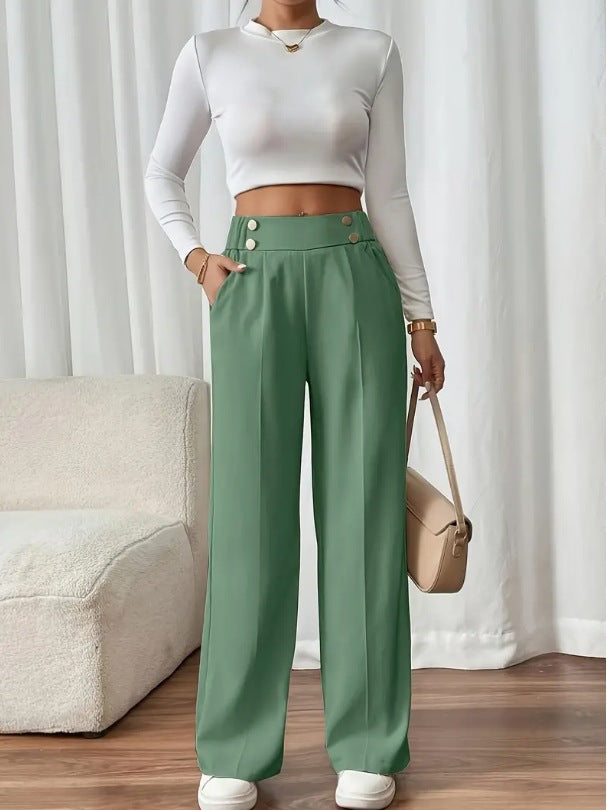 Women's Wide-Leg Trousers with Gold-Tone Button Waistband