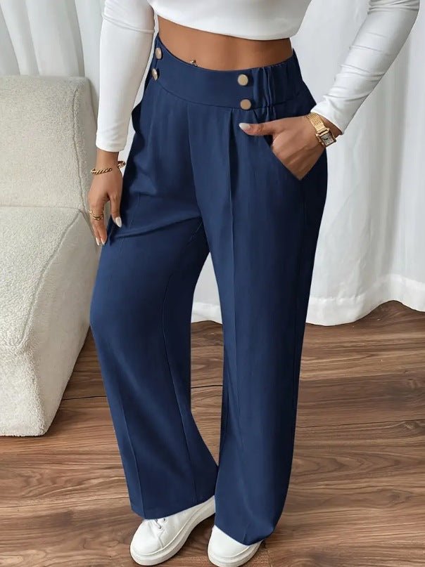 Women's Wide-Leg Trousers with Gold-Tone Button Waistband