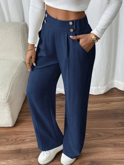Women's Wide-Leg Trousers with Gold-Tone Button Waistband