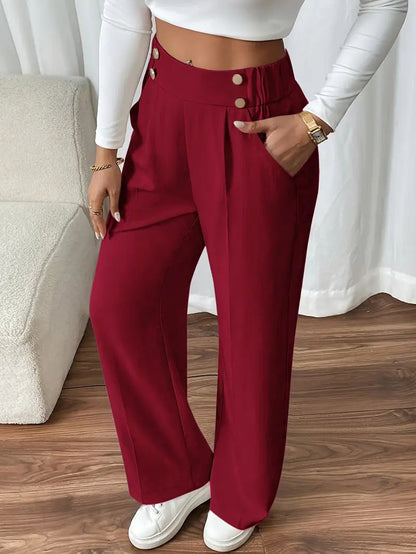 Women's Wide-Leg Trousers with Gold-Tone Button Waistband
