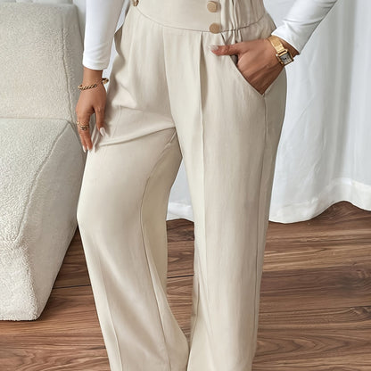 Women's Wide-Leg Trousers with Gold-Tone Button Waistband