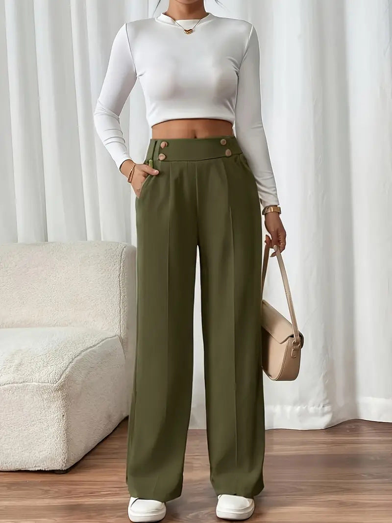 Women's Wide-Leg Trousers with Gold-Tone Button Waistband