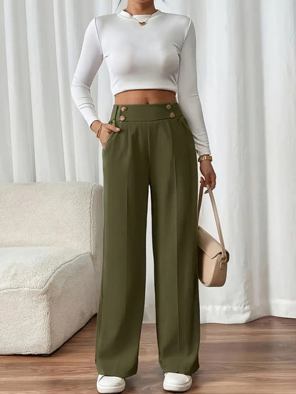Women's Wide-Leg Trousers with Gold-Tone Button Waistband