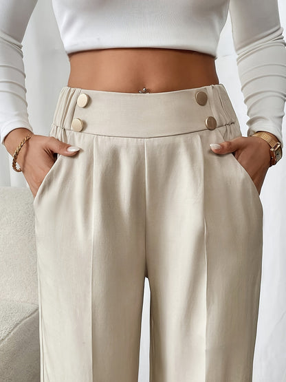 Women's Wide-Leg Trousers with Gold-Tone Button Waistband