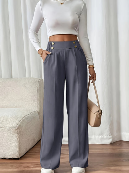 Women's Wide-Leg Trousers with Gold-Tone Button Waistband