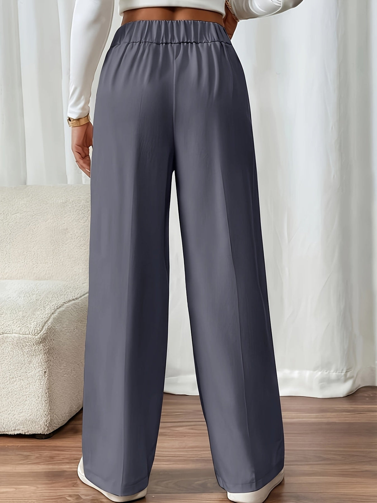 Women's Wide-Leg Trousers with Gold-Tone Button Waistband