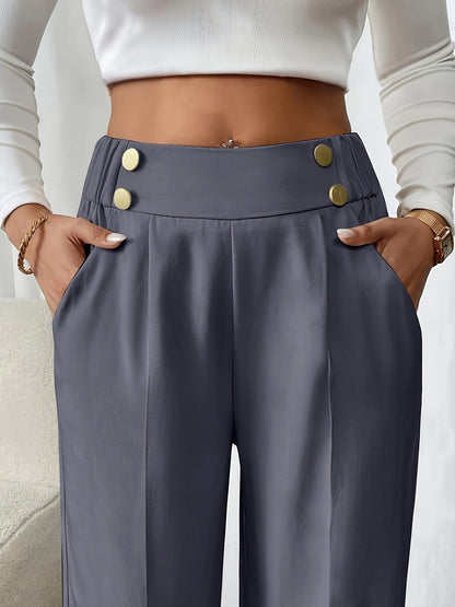 Women's Wide-Leg Trousers with Gold-Tone Button Waistband