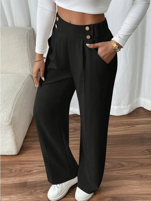 Women's Wide-Leg Trousers with Gold-Tone Button Waistband