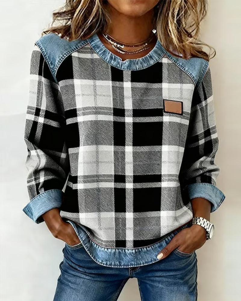 Women's Check-Print Raglan Top with Denim Cuffs