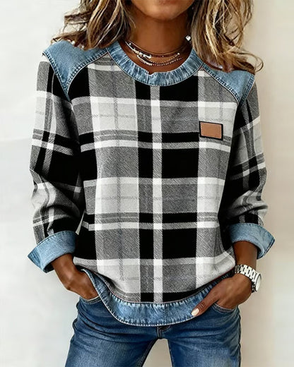 Women's Check-Print Raglan Top with Denim Cuffs