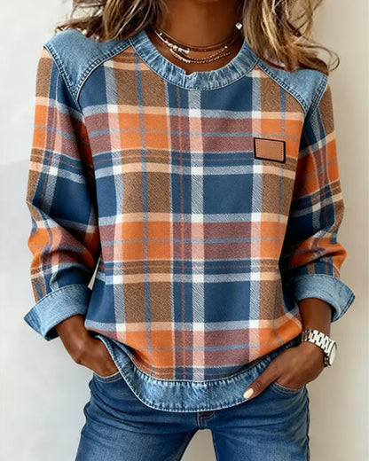 Women's Check-Print Raglan Top with Denim Cuffs