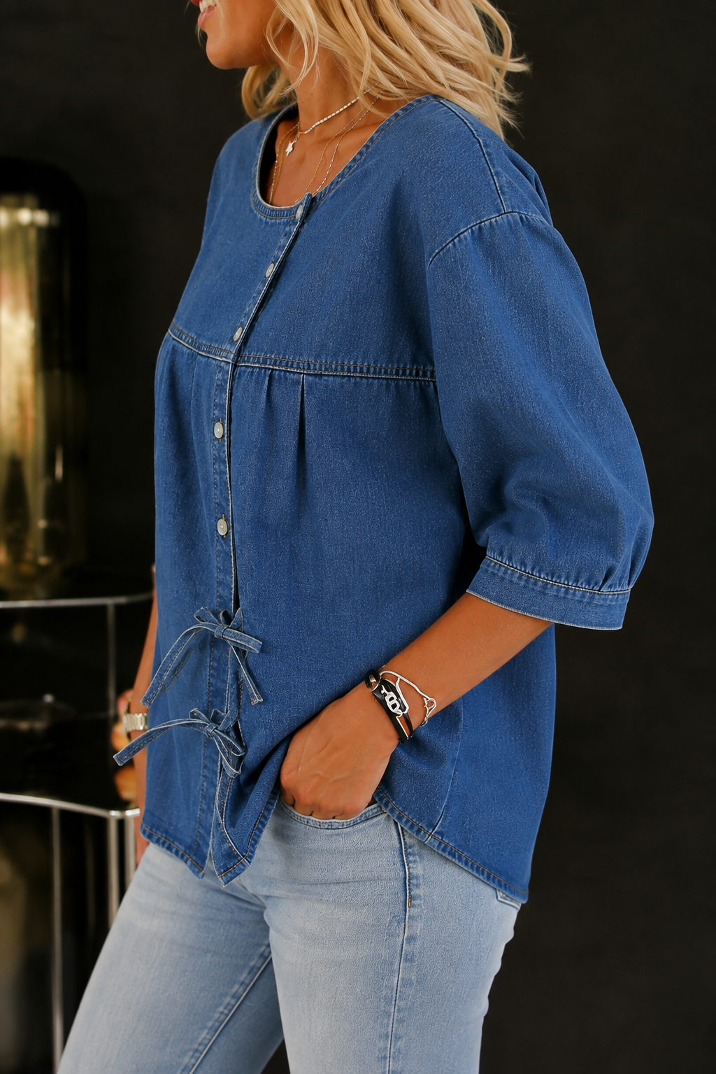 Women's Denim Blouse with Bow Tie and Gathered Hem