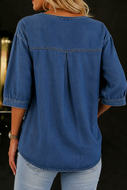 Women's Denim Blouse with Bow Tie and Gathered Hem