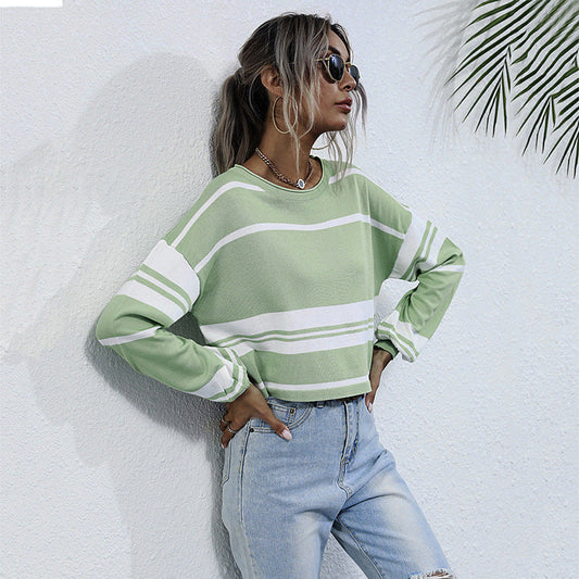 Women's Green Striped Crew-Neck Sweatshirt