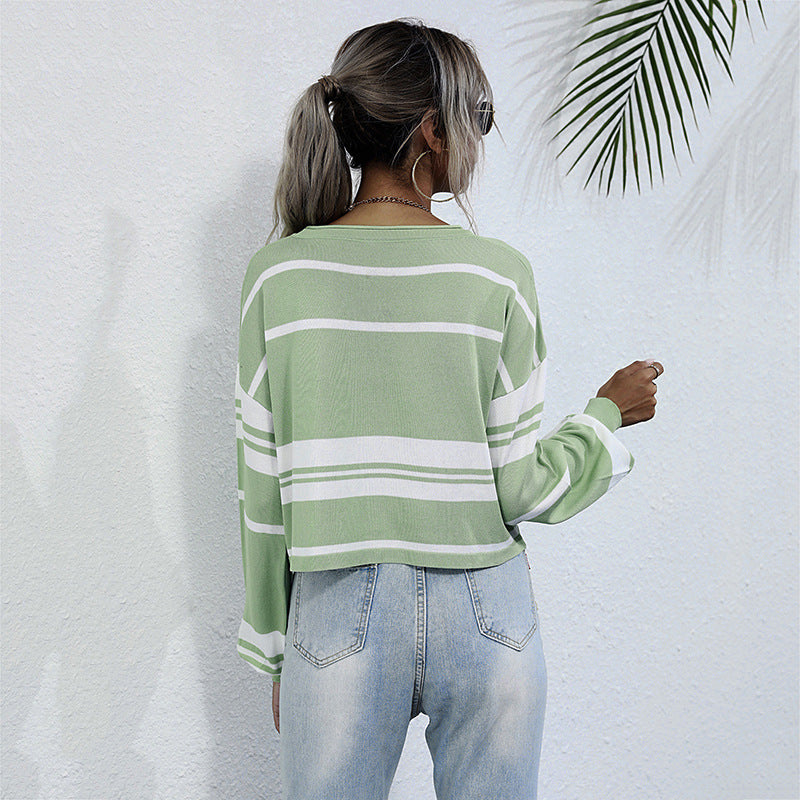Women's Green Striped Crew-Neck Sweatshirt