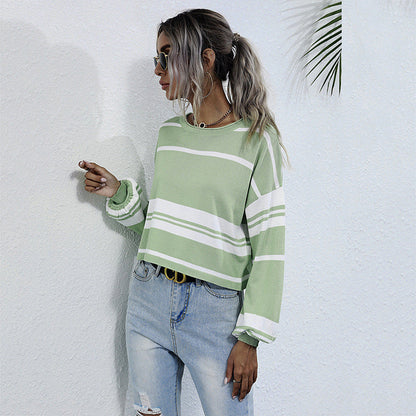 Women's Green Striped Crew-Neck Sweatshirt