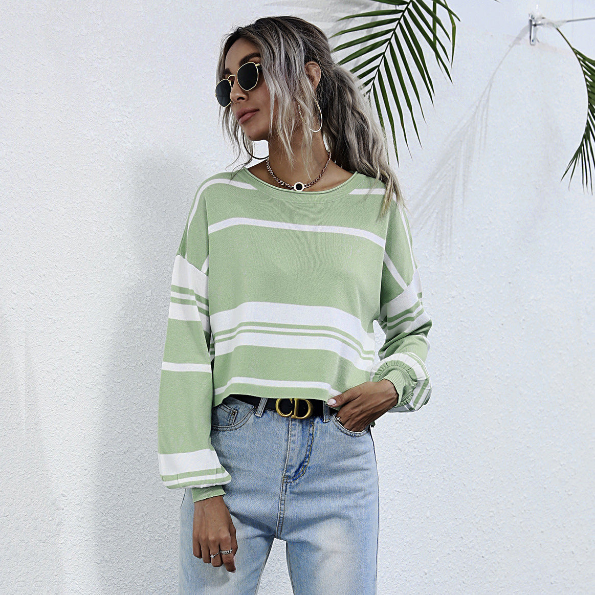 Women's Green Striped Crew-Neck Sweatshirt