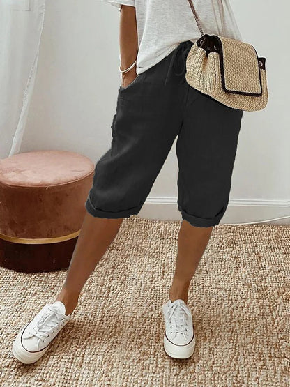 Women's Cropped Linen-Look Drawstring Trousers