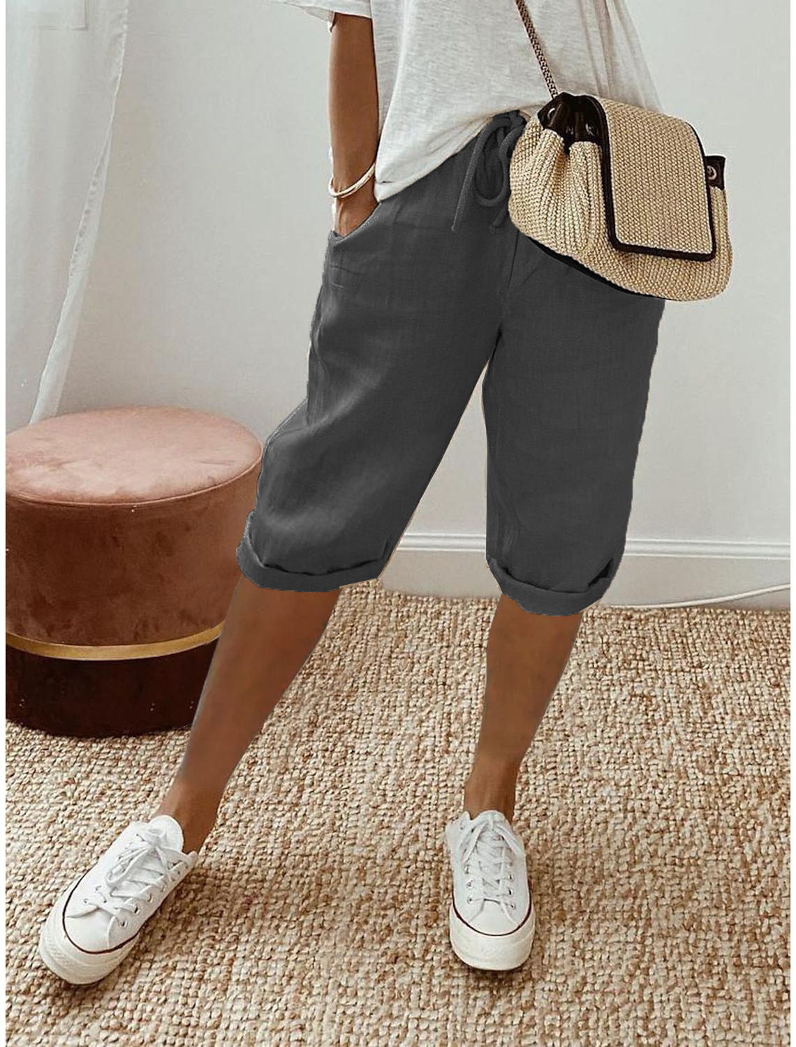 Women's Cropped Linen-Look Drawstring Trousers