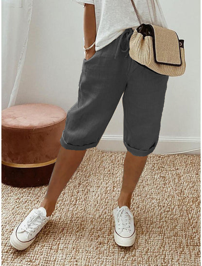 Women's Cropped Linen-Look Drawstring Trousers