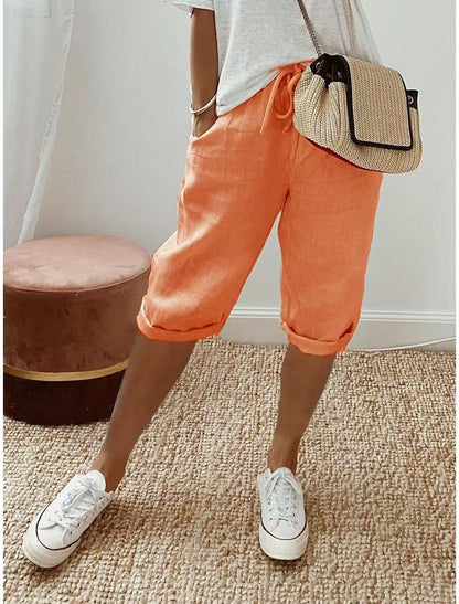 Women's Cropped Linen-Look Drawstring Trousers