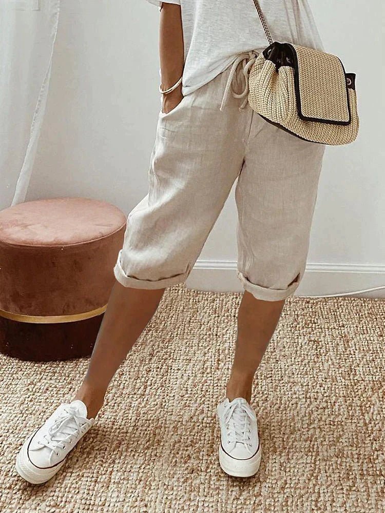 Women's Cropped Linen-Look Drawstring Trousers