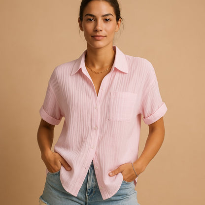 Women's Short-Sleeve Linen-Look Pocket Shirt