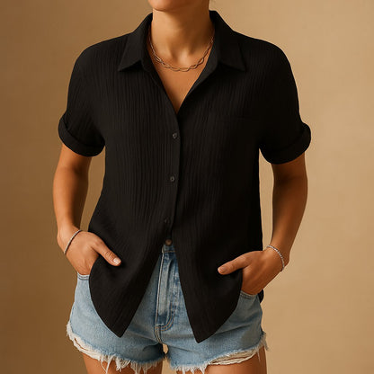 Women's Short-Sleeve Linen-Look Pocket Shirt