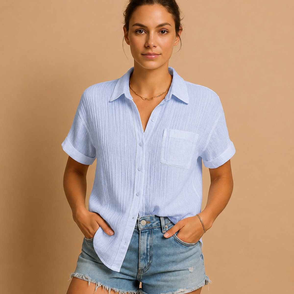 Women's Short-Sleeve Linen-Look Pocket Shirt