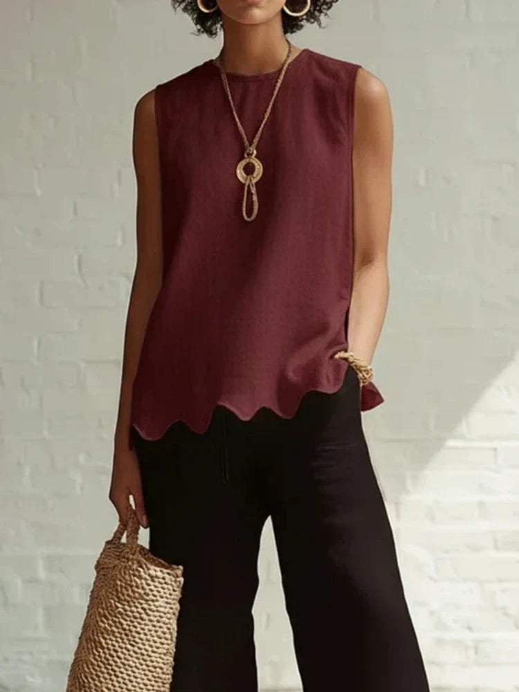 Women's Sleeveless Scallop-Hem Linen-Look Top