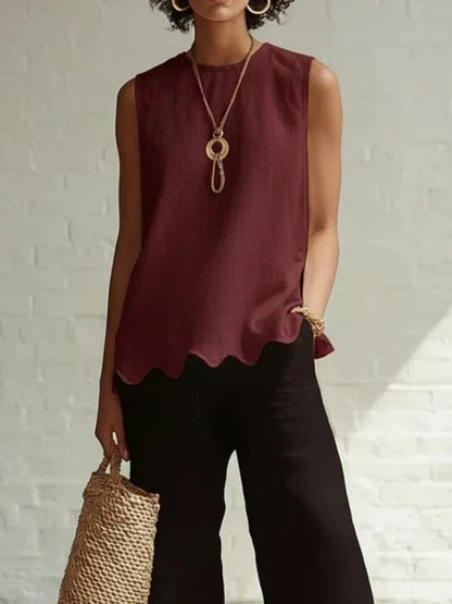 Women's Sleeveless Scallop-Hem Linen-Look Top