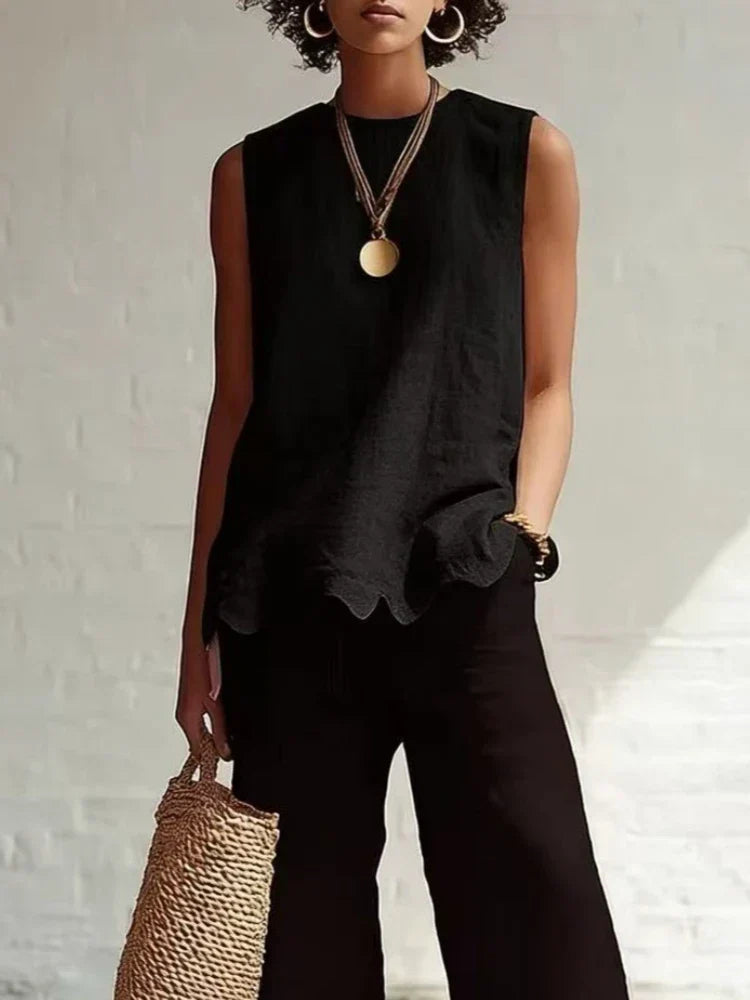 Women's Sleeveless Scallop-Hem Linen-Look Top