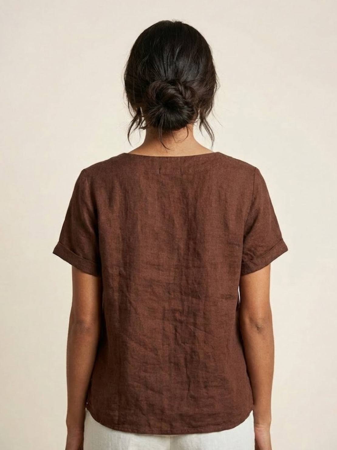 Women's Linen-Look Scoop-Neck Top with Rolled Sleeves