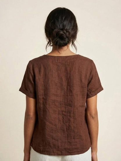 Women's Linen-Look Scoop-Neck Top with Rolled Sleeves