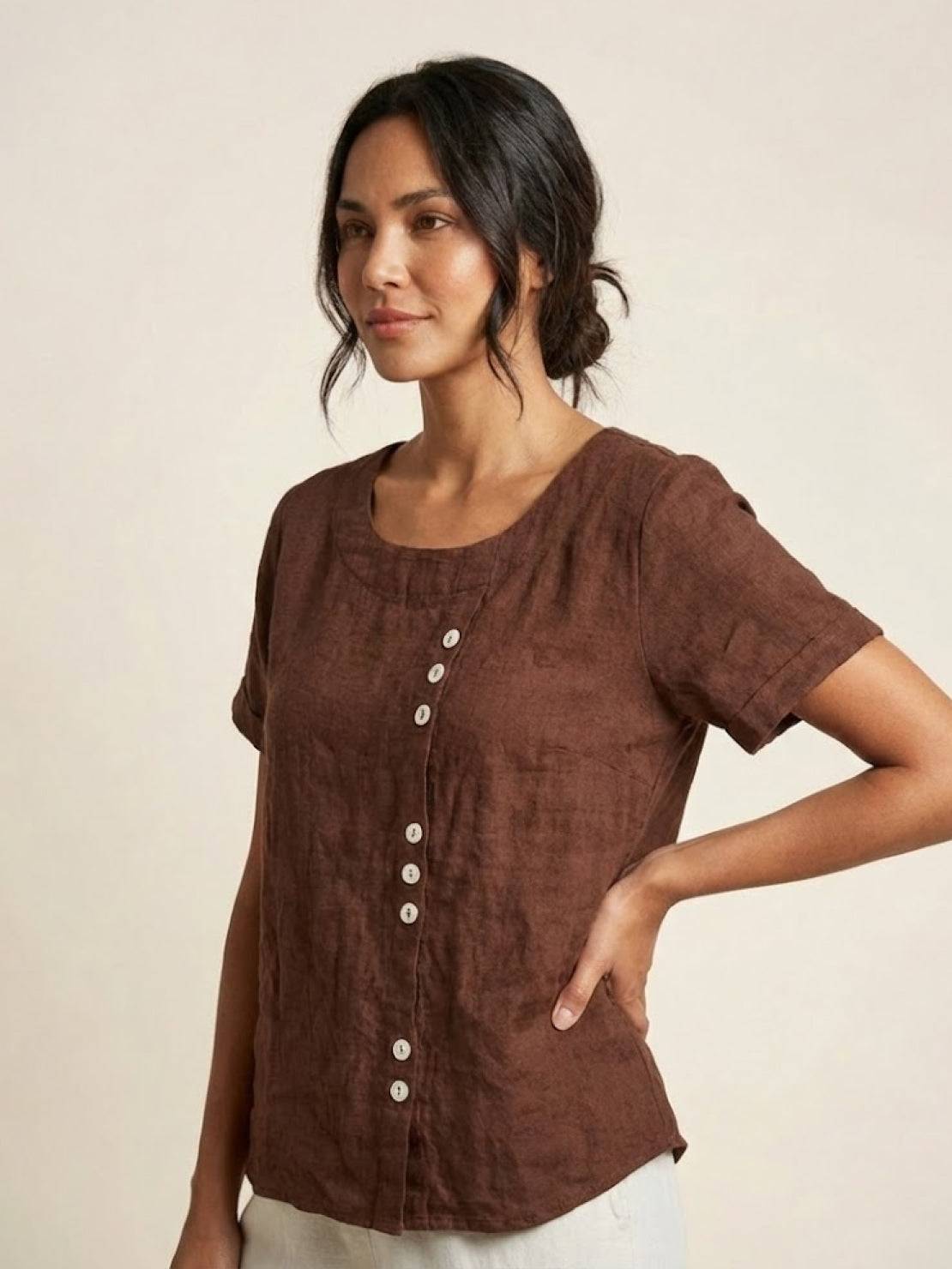 Women's Linen-Look Scoop-Neck Top with Rolled Sleeves