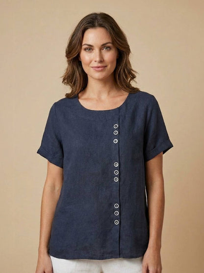 Women's Linen-Look Scoop-Neck Top with Rolled Sleeves