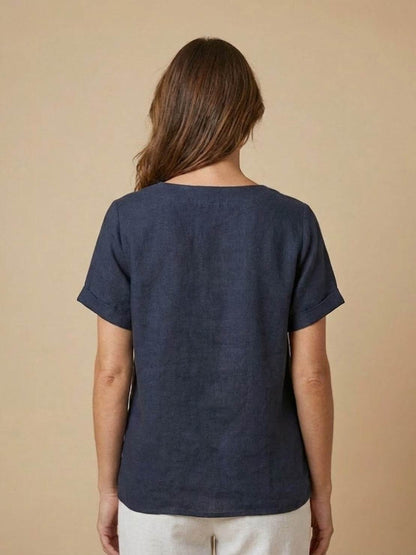 Women's Linen-Look Scoop-Neck Top with Rolled Sleeves