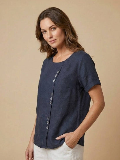 Women's Linen-Look Scoop-Neck Top with Rolled Sleeves