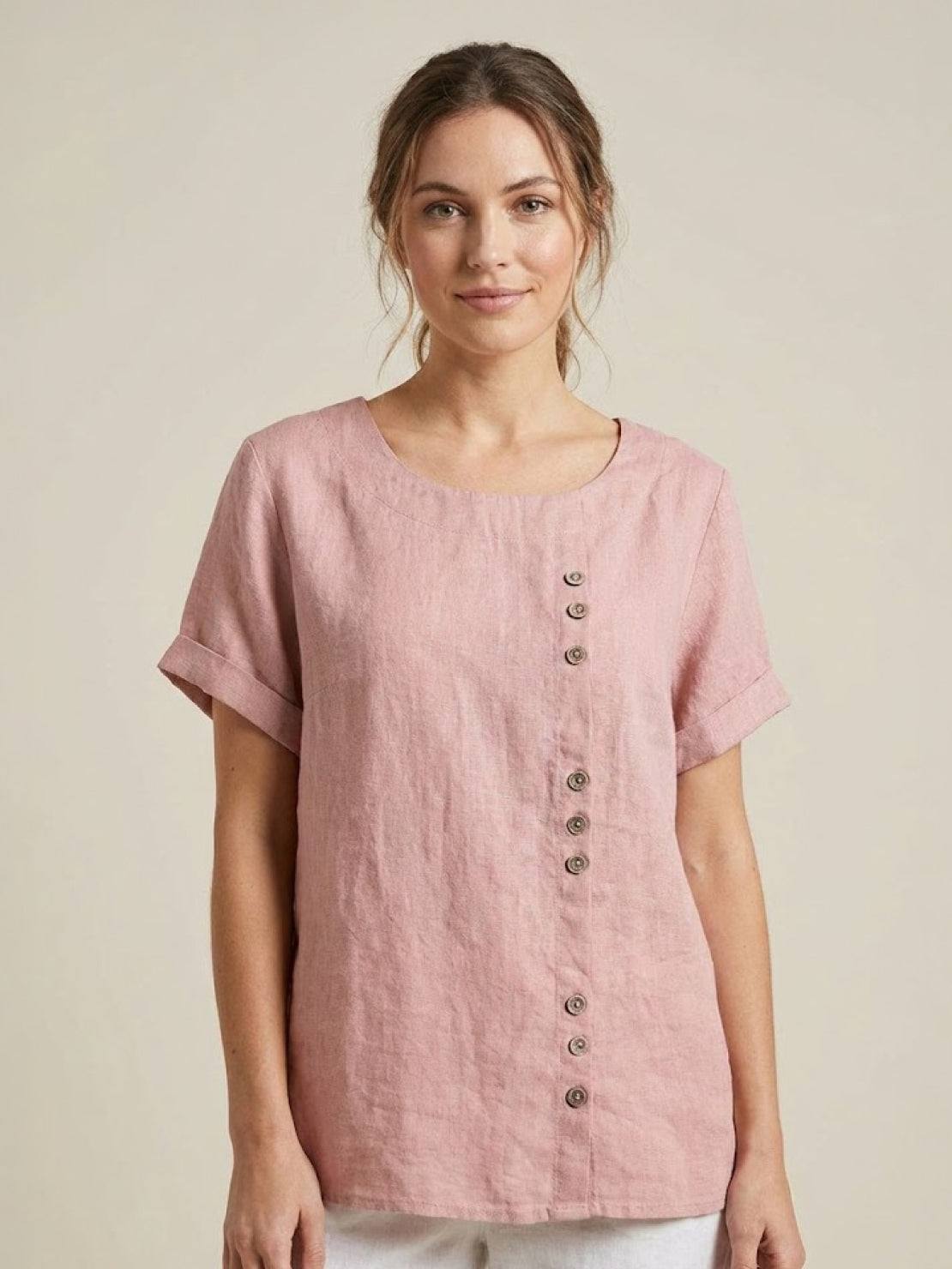 Women's Linen-Look Scoop-Neck Top with Rolled Sleeves