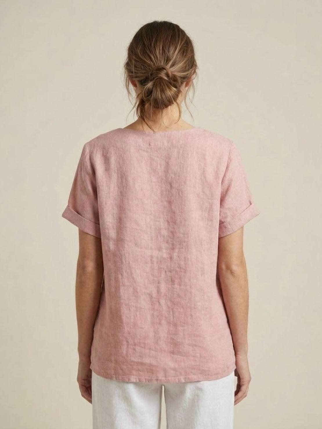 Women's Linen-Look Scoop-Neck Top with Rolled Sleeves