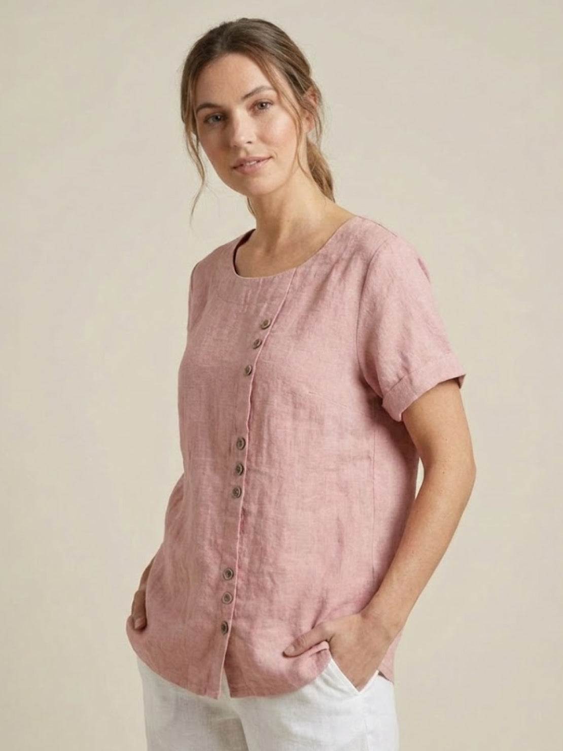 Women's Linen-Look Scoop-Neck Top with Rolled Sleeves