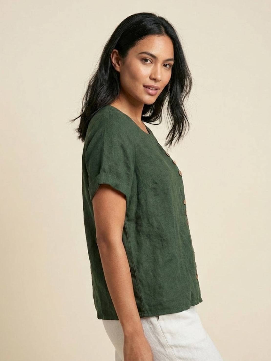 Women's Linen-Look Scoop-Neck Top with Rolled Sleeves
