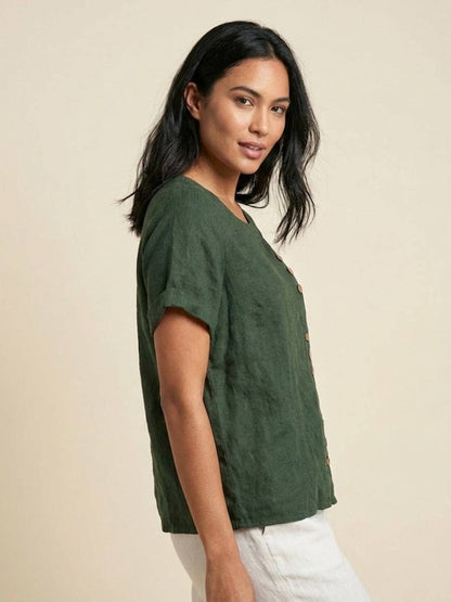 Women's Linen-Look Scoop-Neck Top with Rolled Sleeves