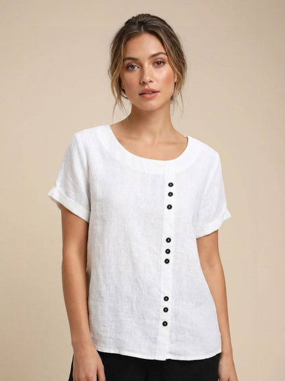 Women's Linen-Look Scoop-Neck Top with Rolled Sleeves