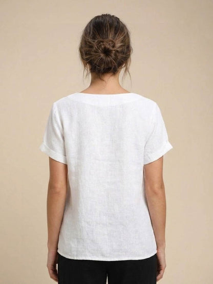 Women's Linen-Look Scoop-Neck Top with Rolled Sleeves