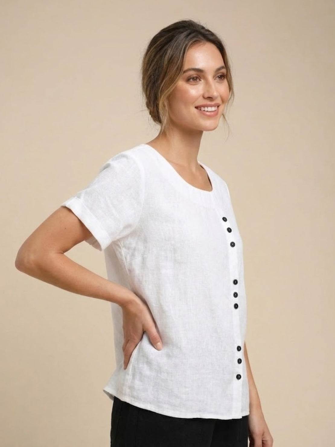 Women's Linen-Look Scoop-Neck Top with Rolled Sleeves