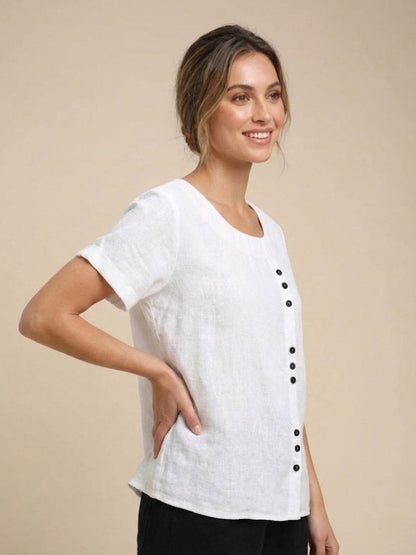 Women's Linen-Look Scoop-Neck Top with Rolled Sleeves